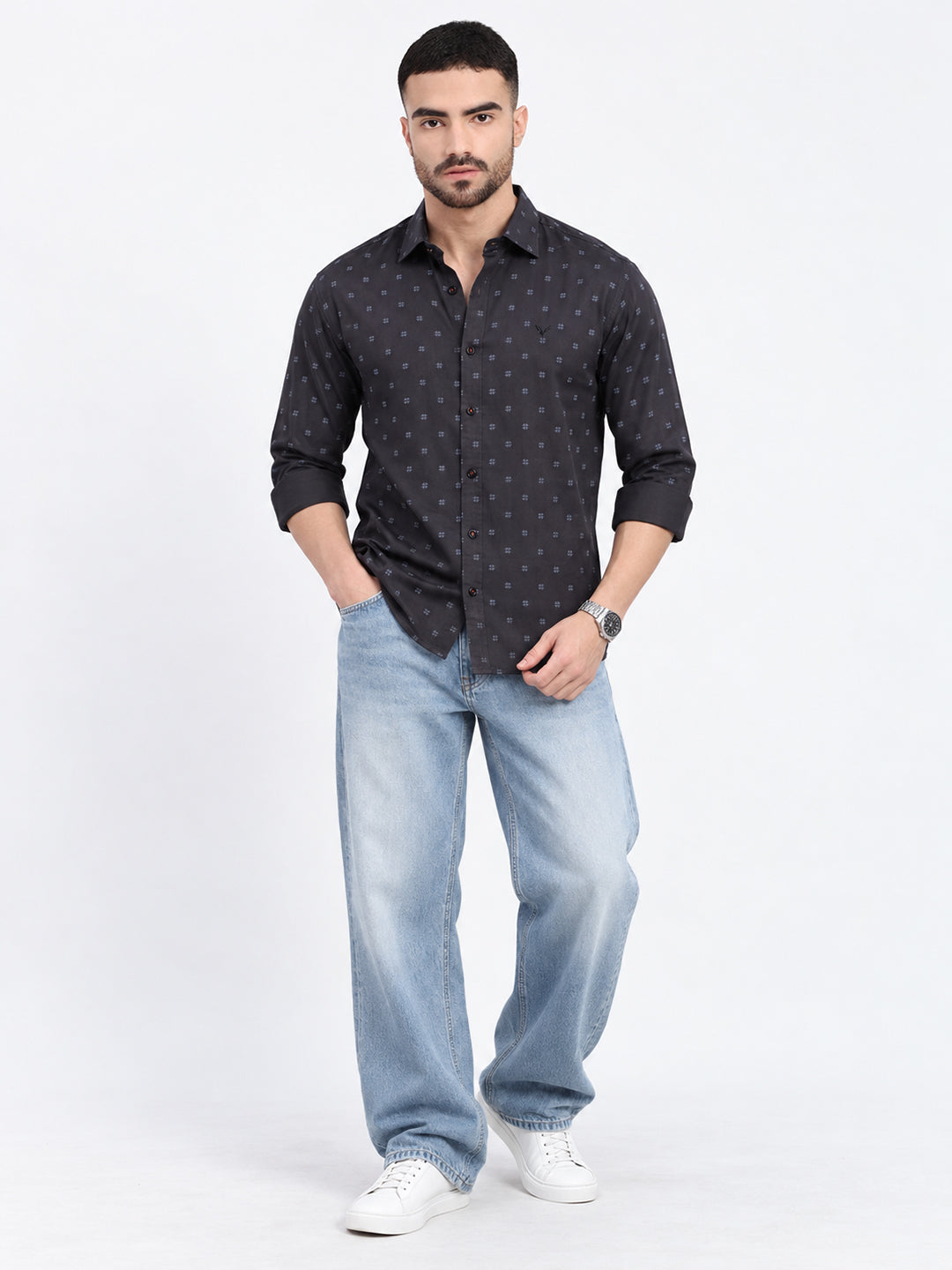 Men’s Geometric Printed Black Slim Fit Long Sleeves Casual Shirt
