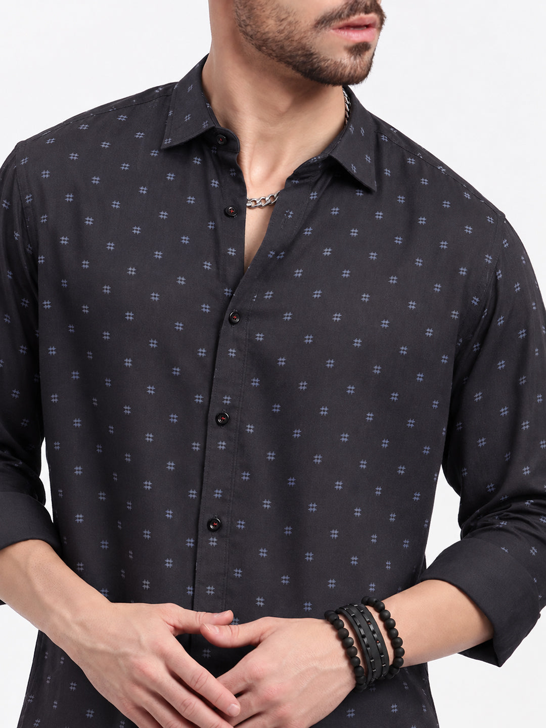 Men’s Geometric Printed Black Slim Fit Long Sleeves Casual Shirt