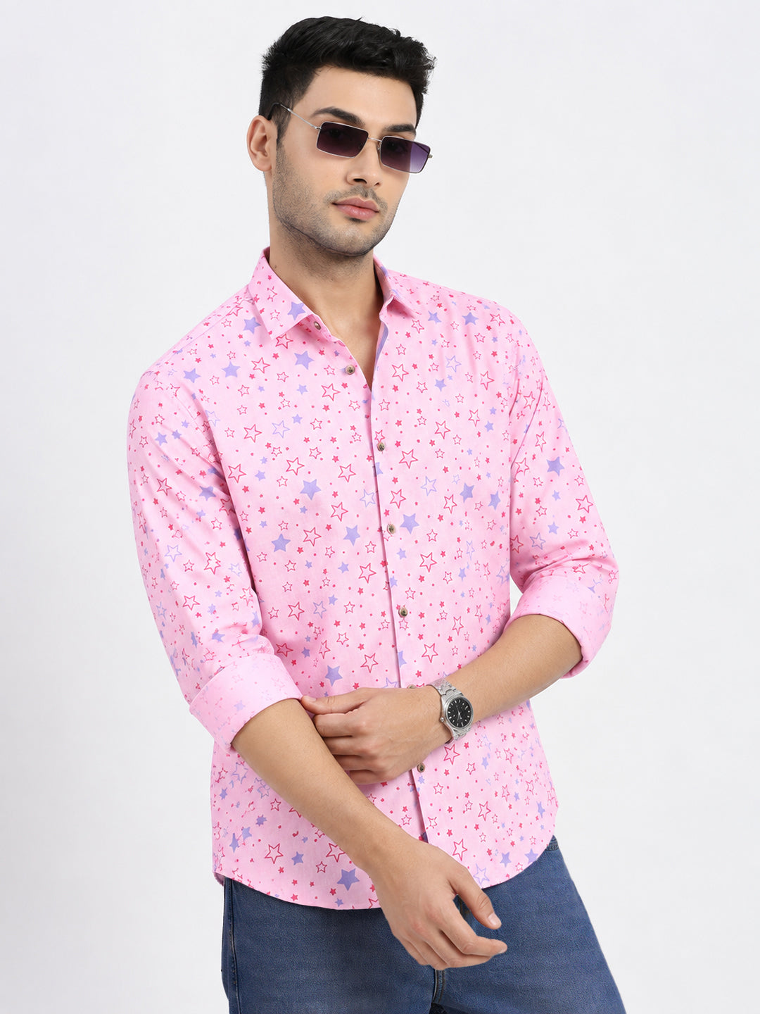 Men’s Graphic Printed Pink Slim Fit Long Sleeves Casual Shirt