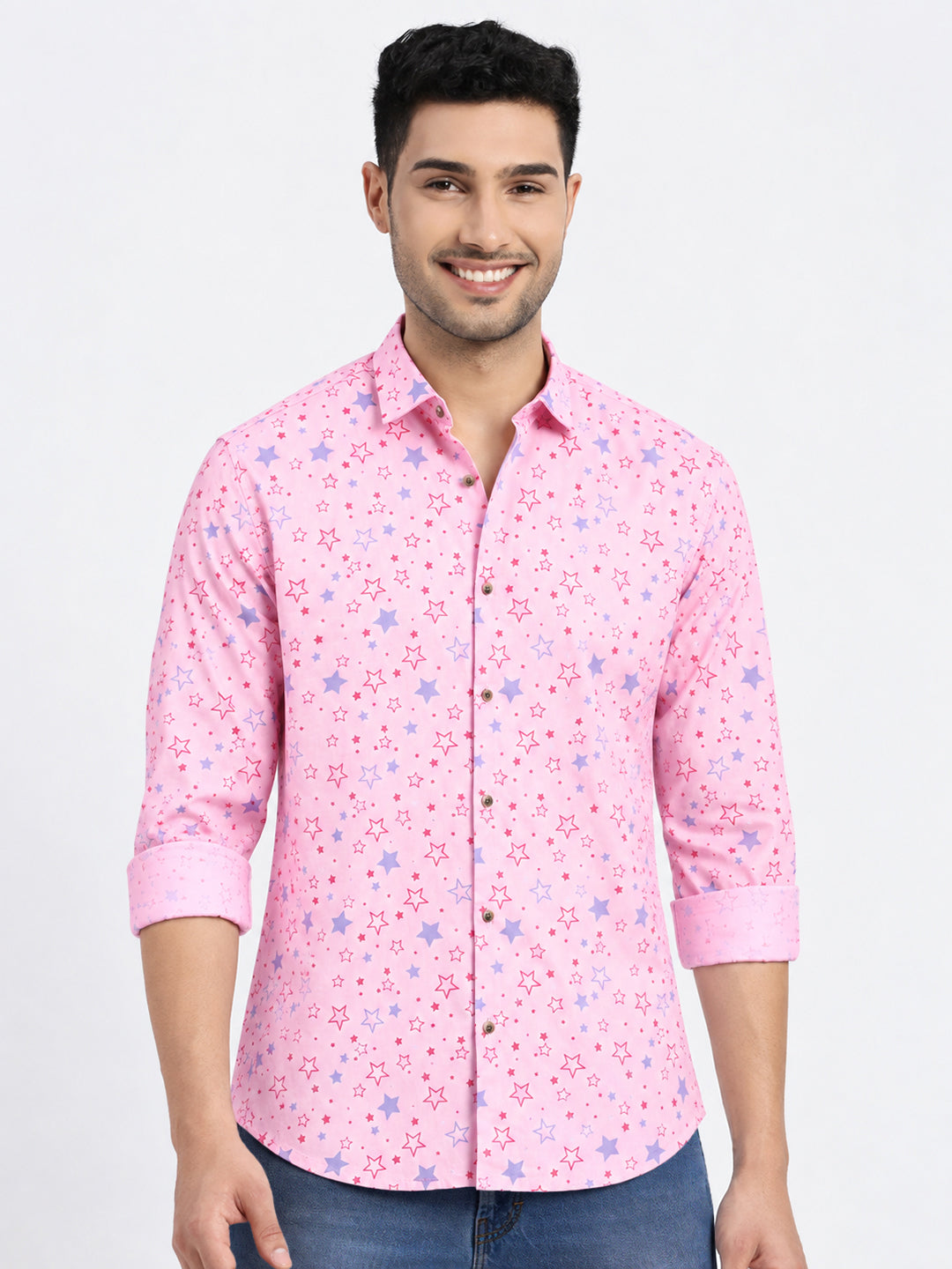 Men’s Graphic Printed Pink Slim Fit Long Sleeves Casual Shirt