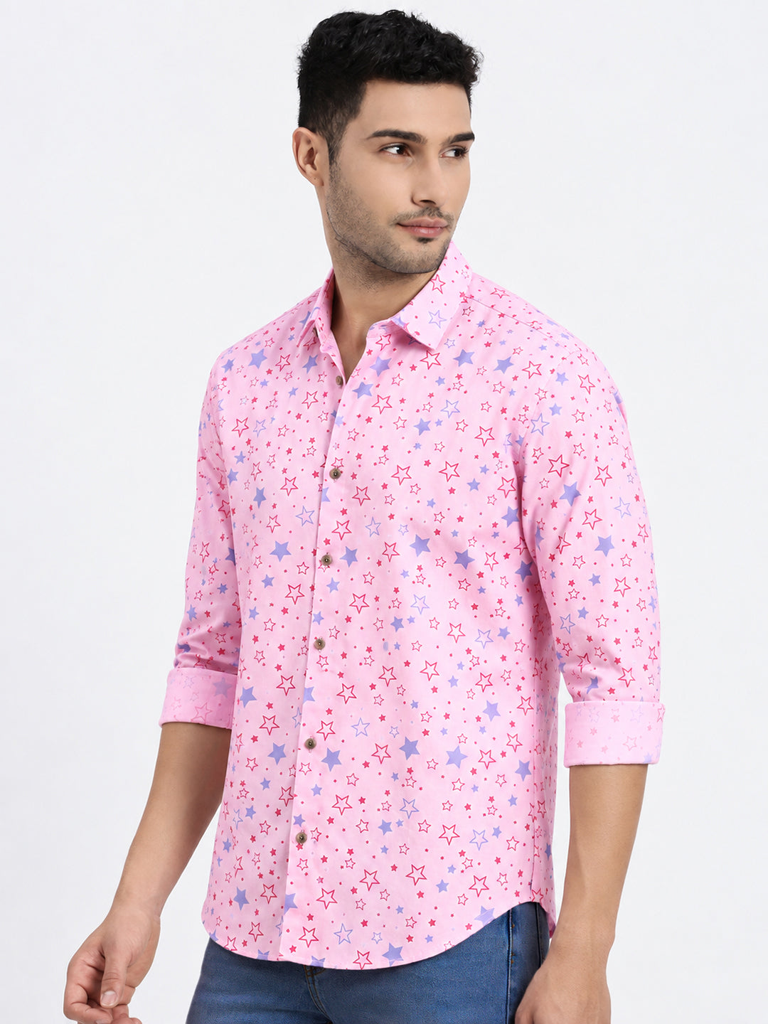 Men’s Graphic Printed Pink Slim Fit Long Sleeves Casual Shirt
