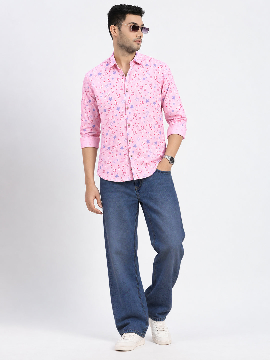 Men’s Graphic Printed Pink Slim Fit Long Sleeves Casual Shirt
