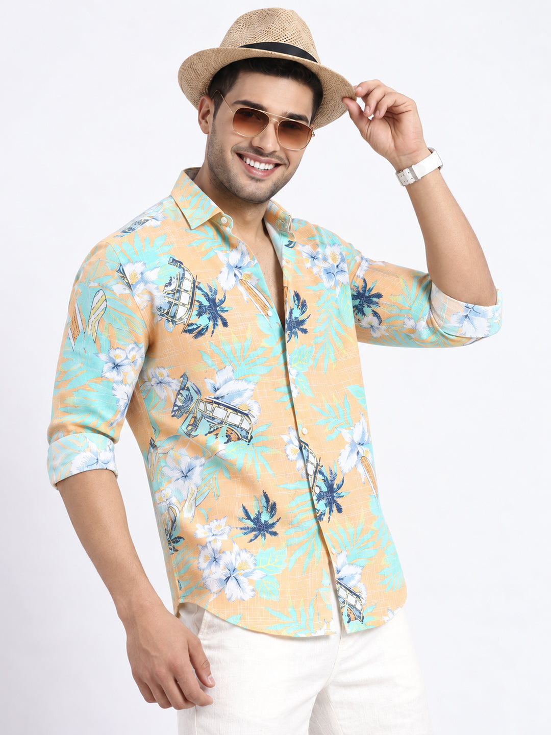Men’s Tropical Printed Orange Slim Fit Long Sleeves Casual Shirt