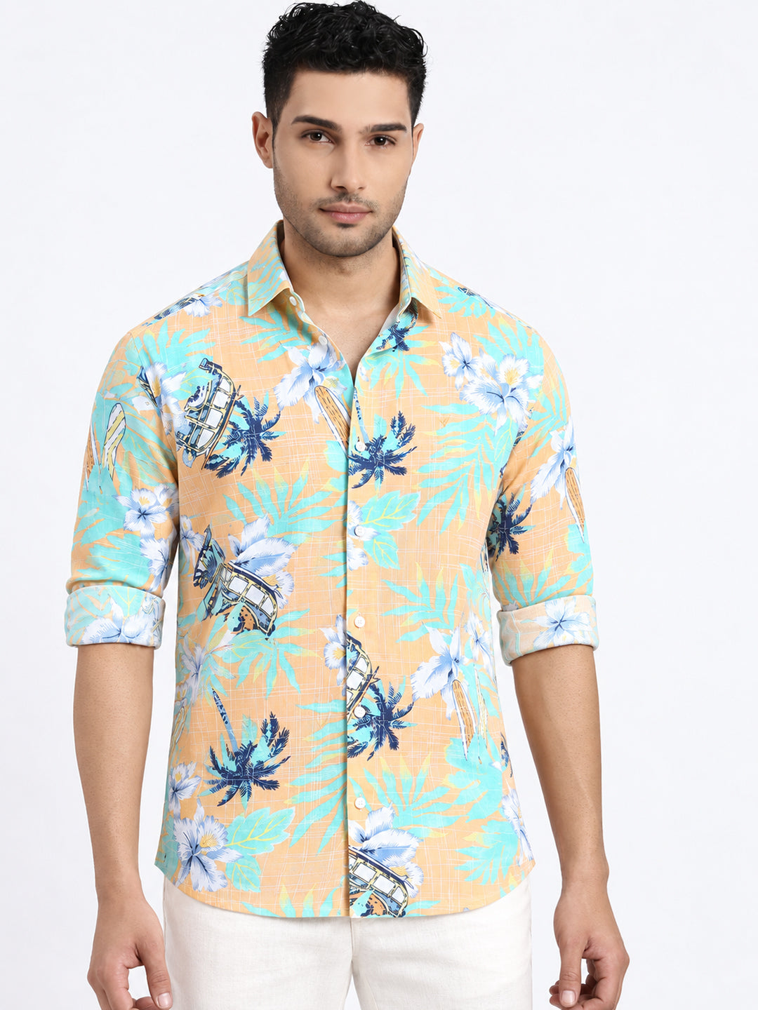 Men’s Tropical Printed Orange Slim Fit Long Sleeves Casual Shirt