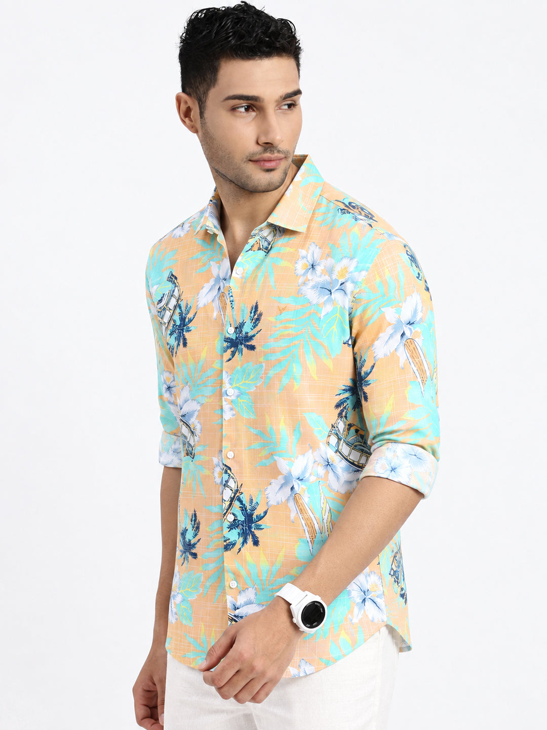 Men’s Tropical Printed Orange Slim Fit Long Sleeves Casual Shirt