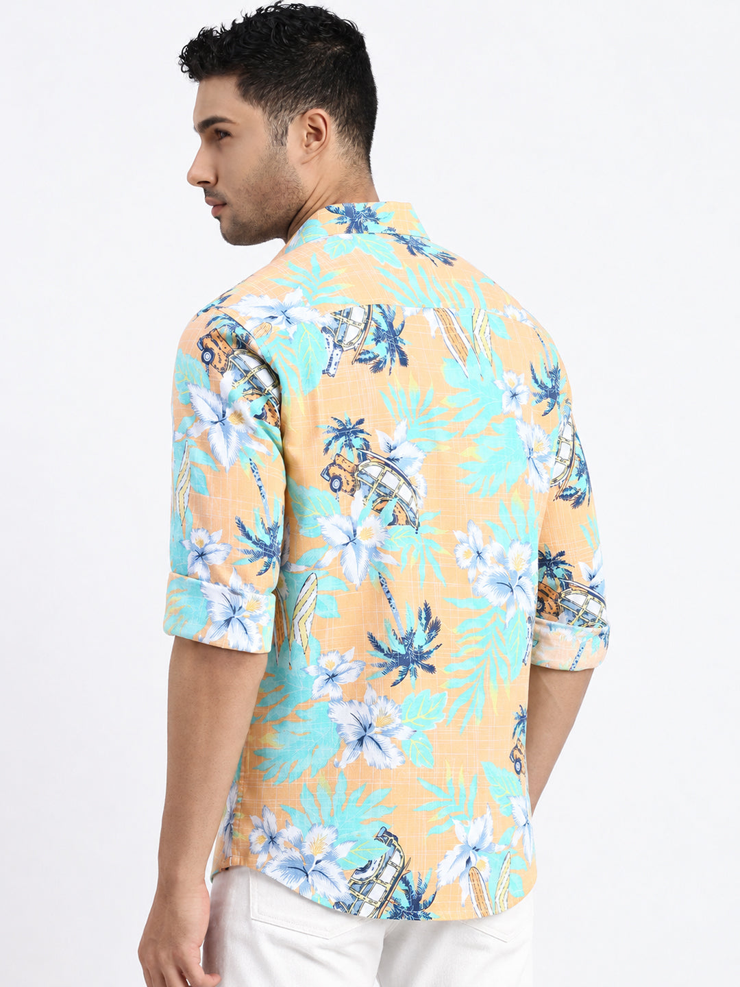 Men’s Tropical Printed Orange Slim Fit Long Sleeves Casual Shirt