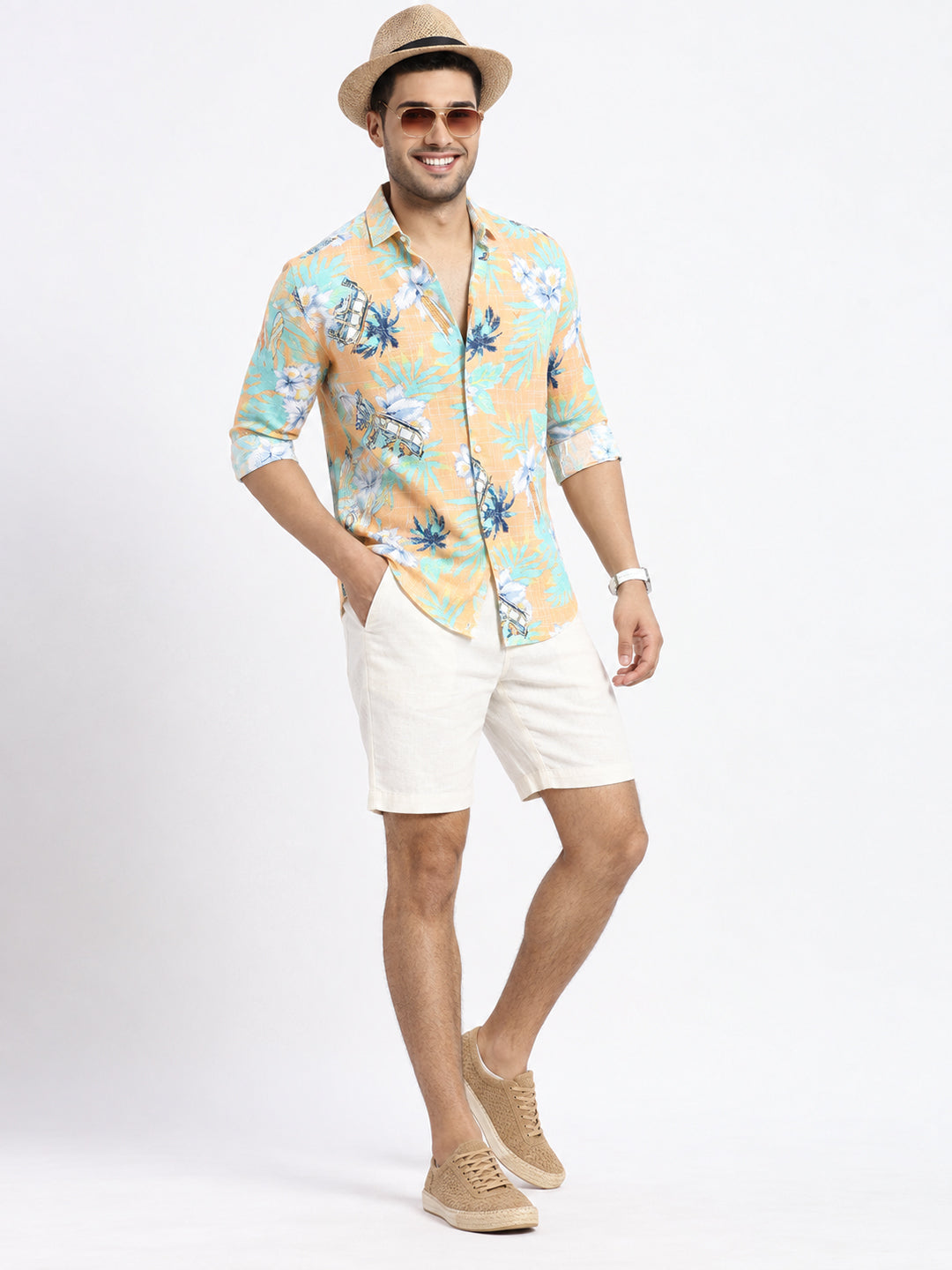 Men’s Tropical Printed Orange Slim Fit Long Sleeves Casual Shirt