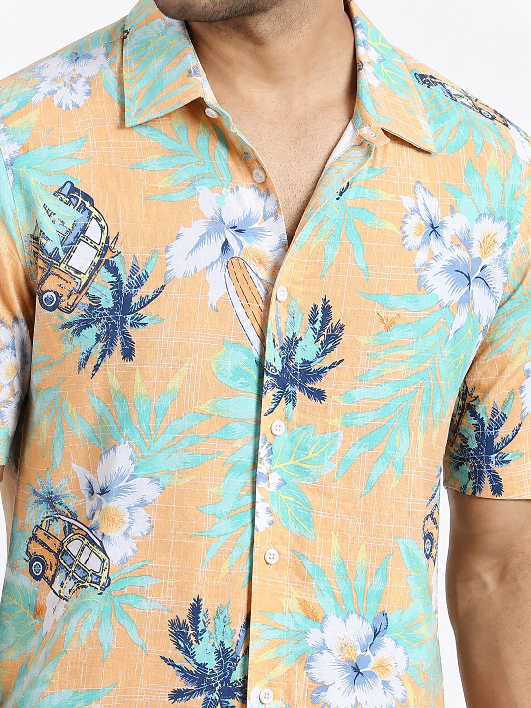 Men’s Tropical Printed Orange Slim Fit Long Sleeves Casual Shirt