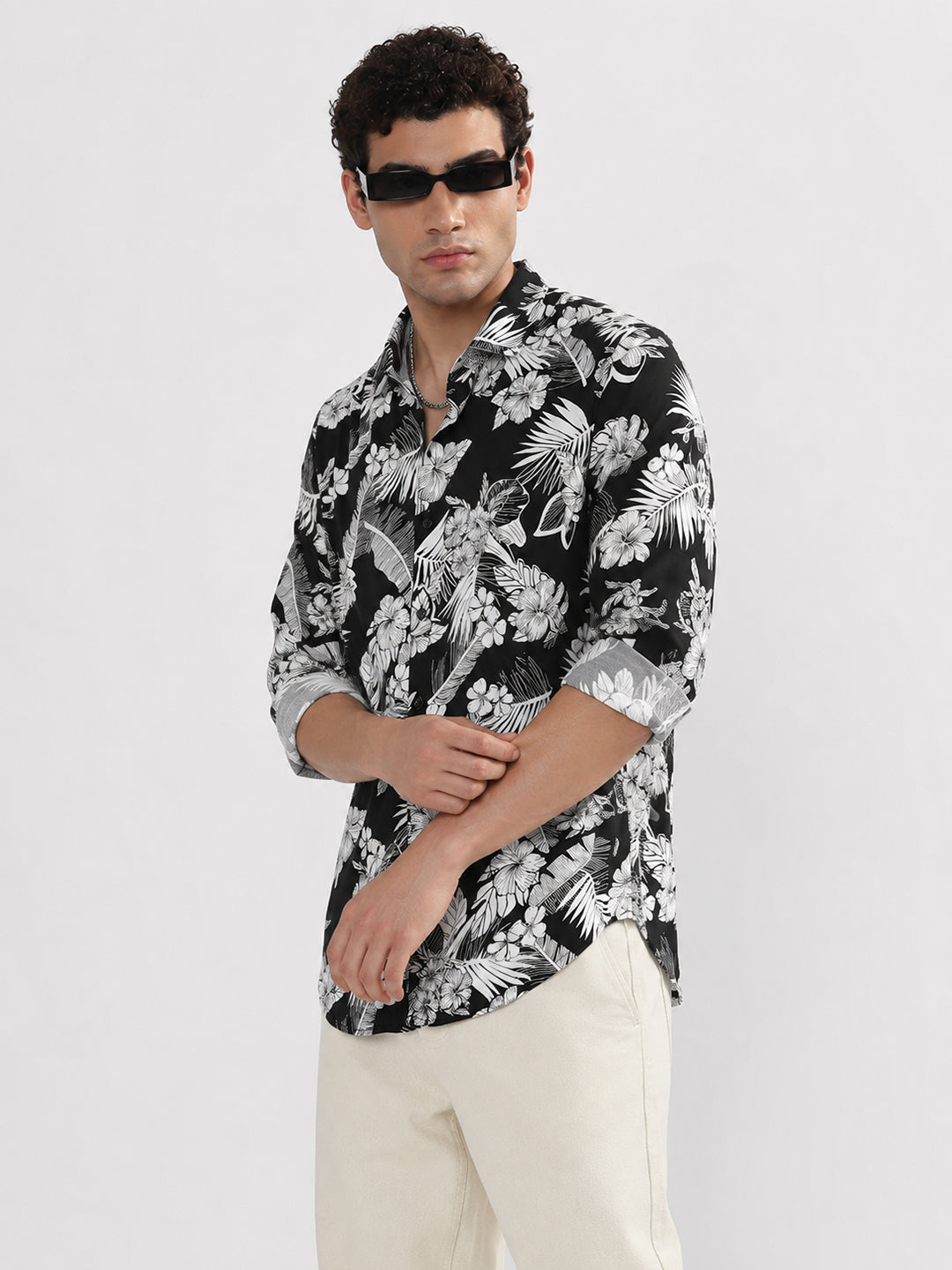 Men’s Tropical Printed Black Slim Fit Long Sleeves Casual Shirt