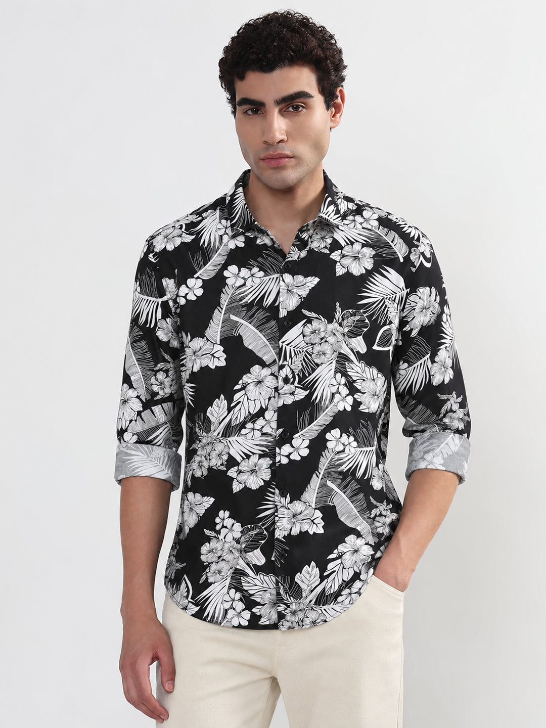 Men’s Tropical Printed Black Slim Fit Long Sleeves Casual Shirt