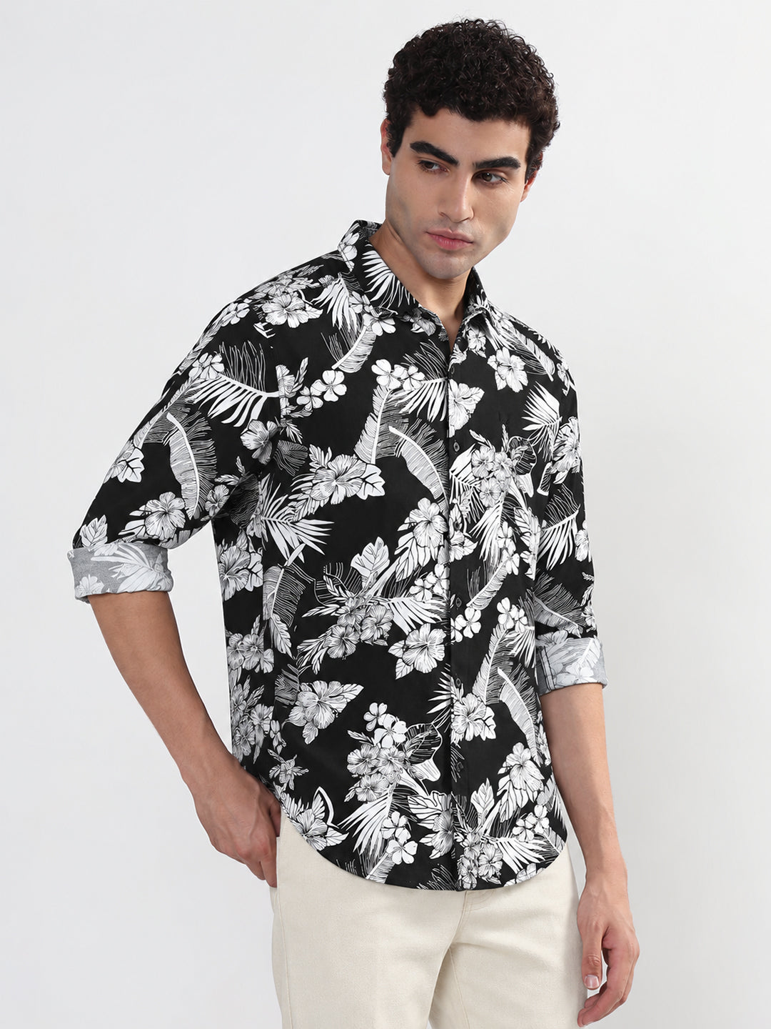 Men’s Tropical Printed Black Slim Fit Long Sleeves Casual Shirt