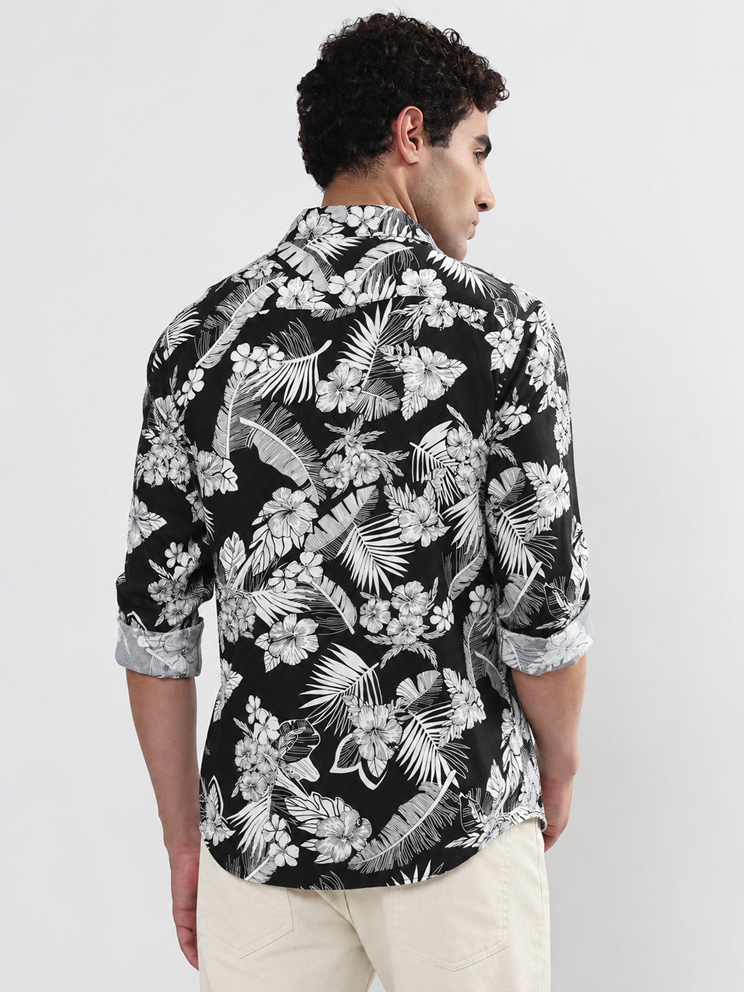 Men’s Tropical Printed Black Slim Fit Long Sleeves Casual Shirt
