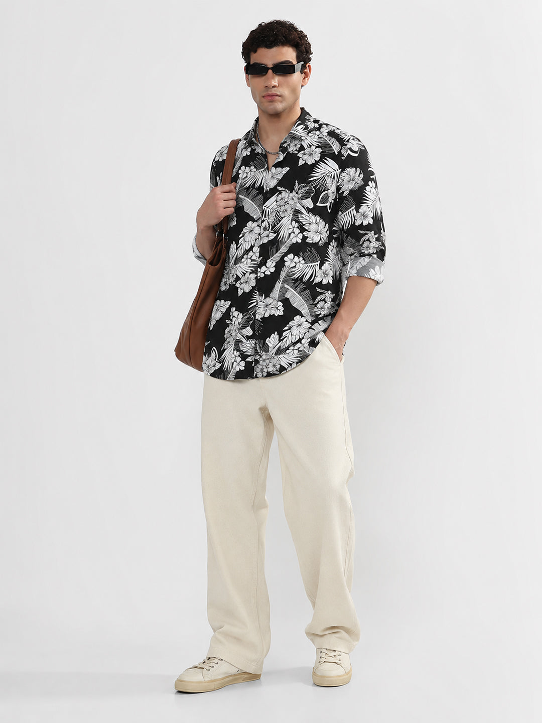 Men’s Tropical Printed Black Slim Fit Long Sleeves Casual Shirt