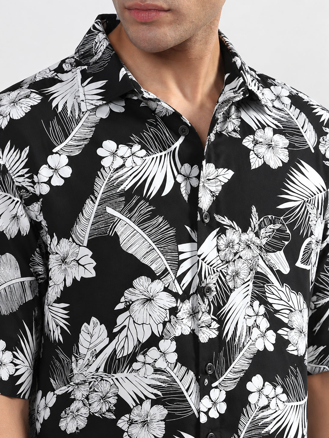 Men’s Tropical Printed Black Slim Fit Long Sleeves Casual Shirt