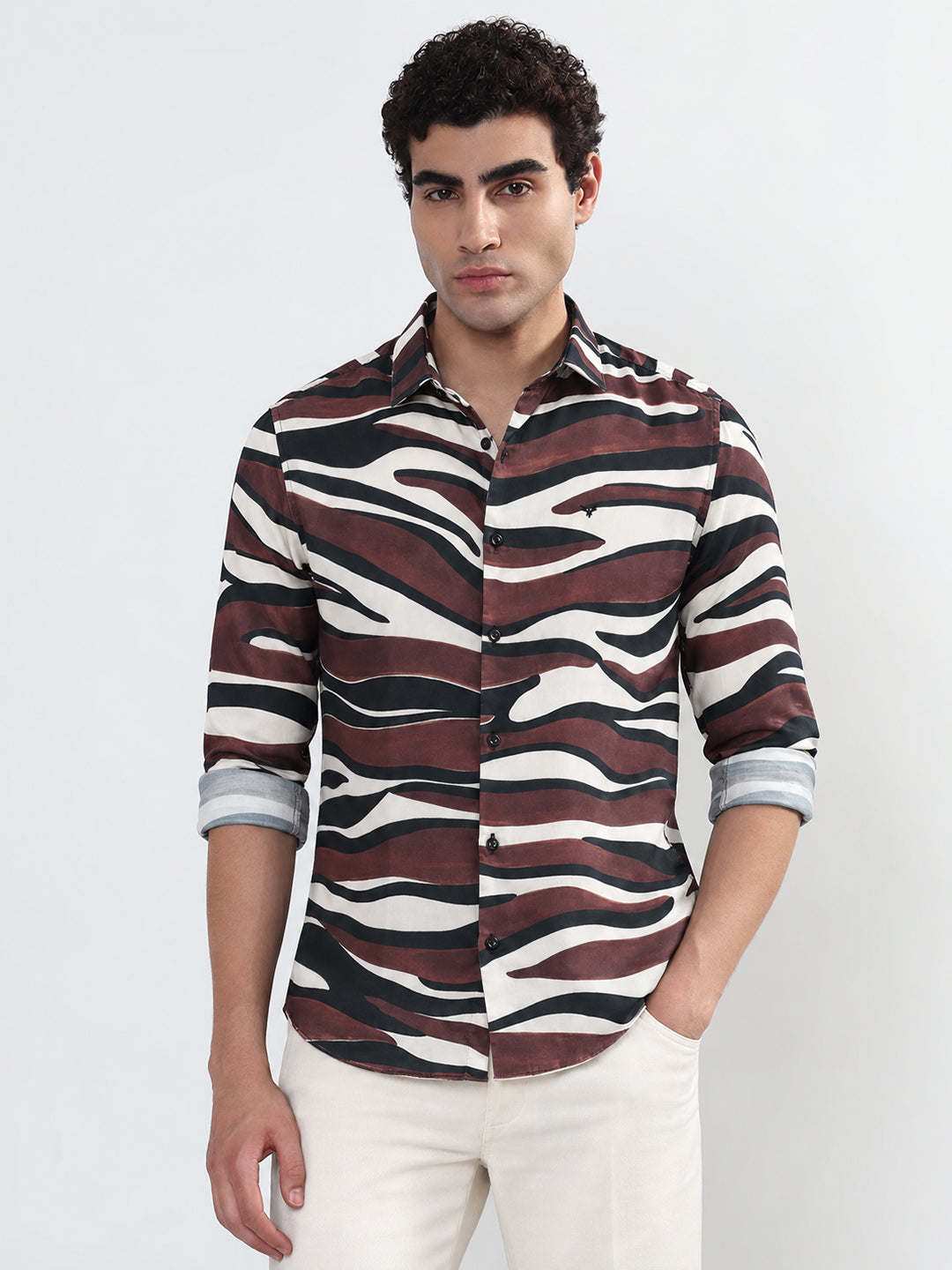 Men’s Abstract Printed Brown Slim Fit Long Sleeves Casual Shirt