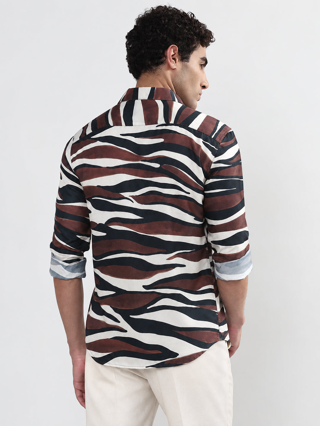Men’s Abstract Printed Brown Slim Fit Long Sleeves Casual Shirt