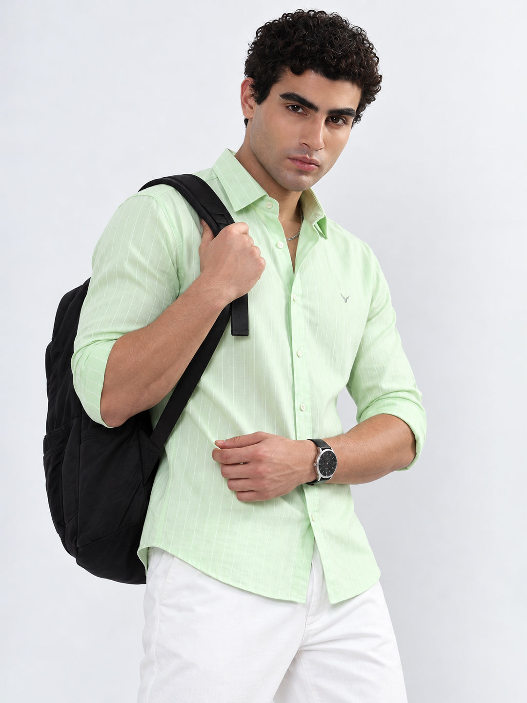 Men’s Vertical Striped Green Slim Fit Casual Shirt