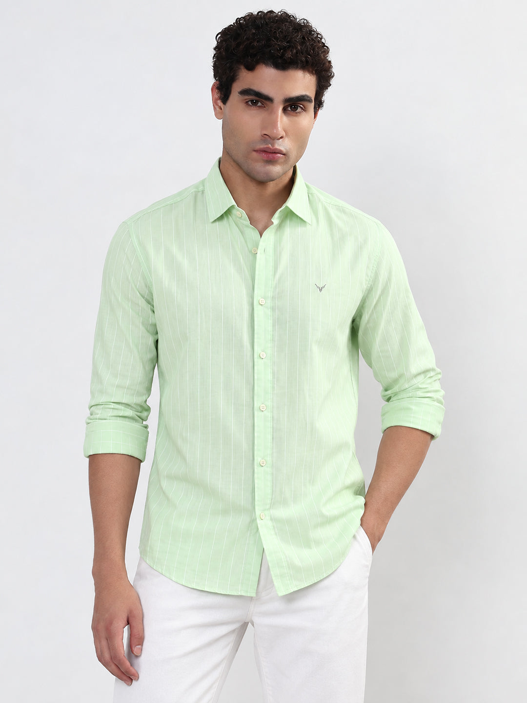Men’s Vertical Striped Green Slim Fit Casual Shirt