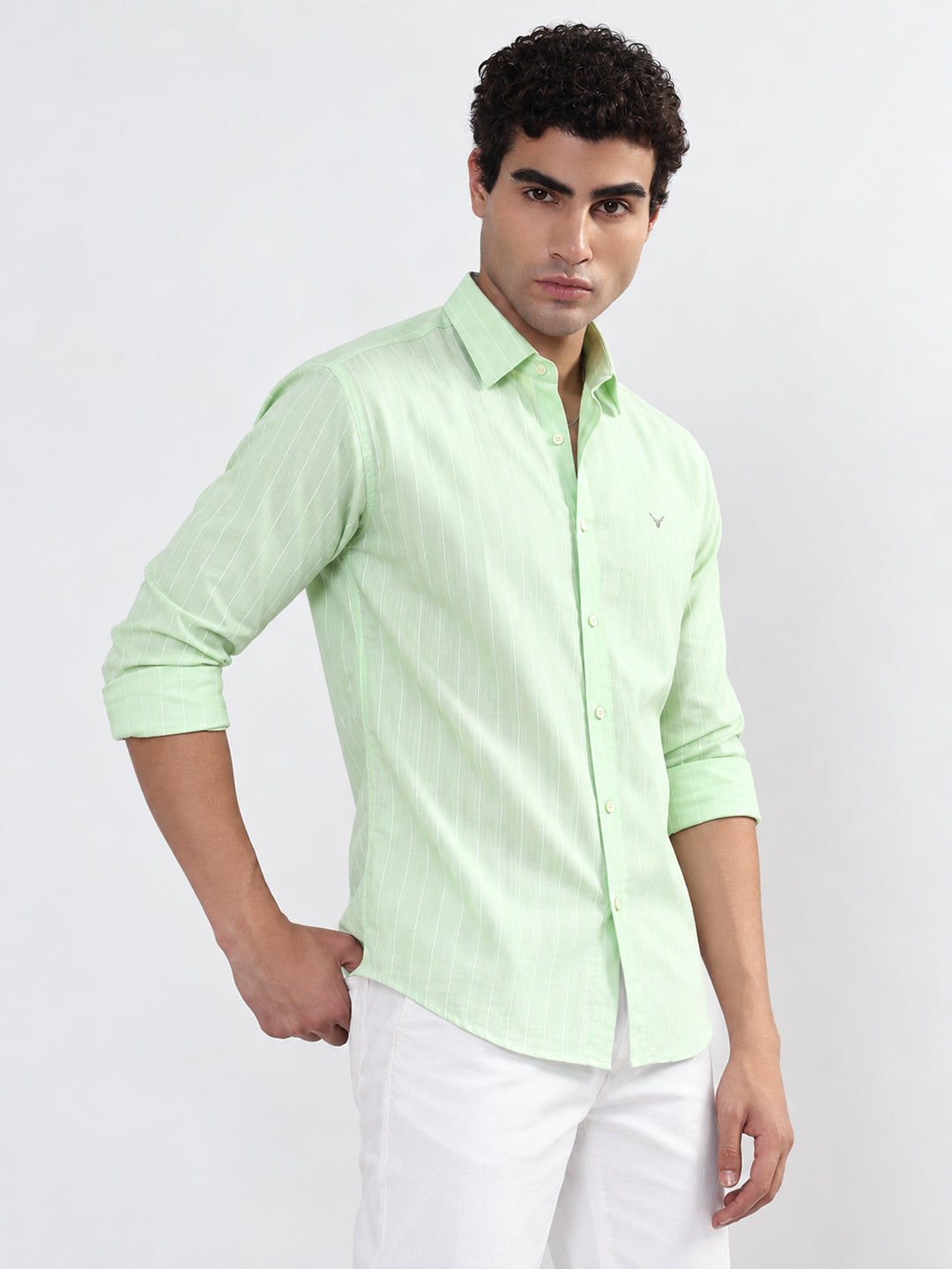 Men’s Vertical Striped Green Slim Fit Casual Shirt