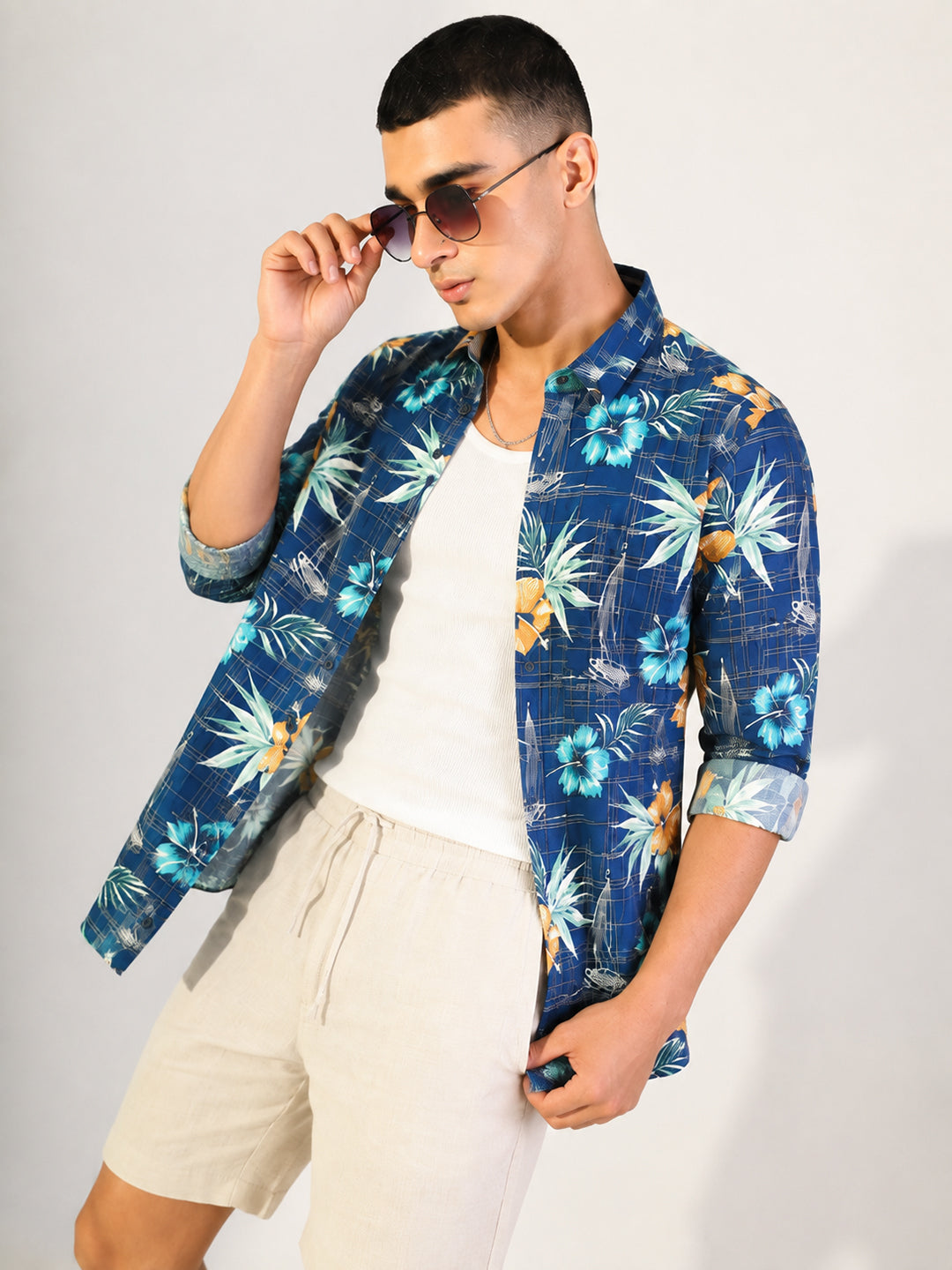 Men’s Tropical Printed Blue Slim Fit Long Sleeve Casual Shirt