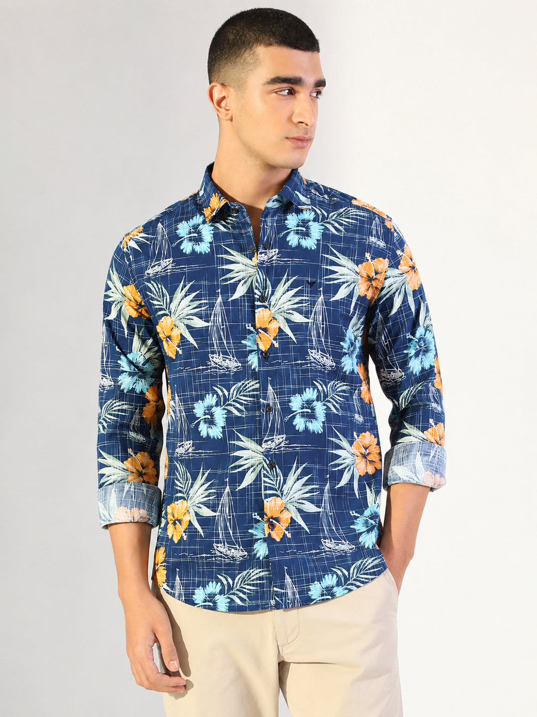 Men’s Tropical Printed Blue Slim Fit Long Sleeve Casual Shirt