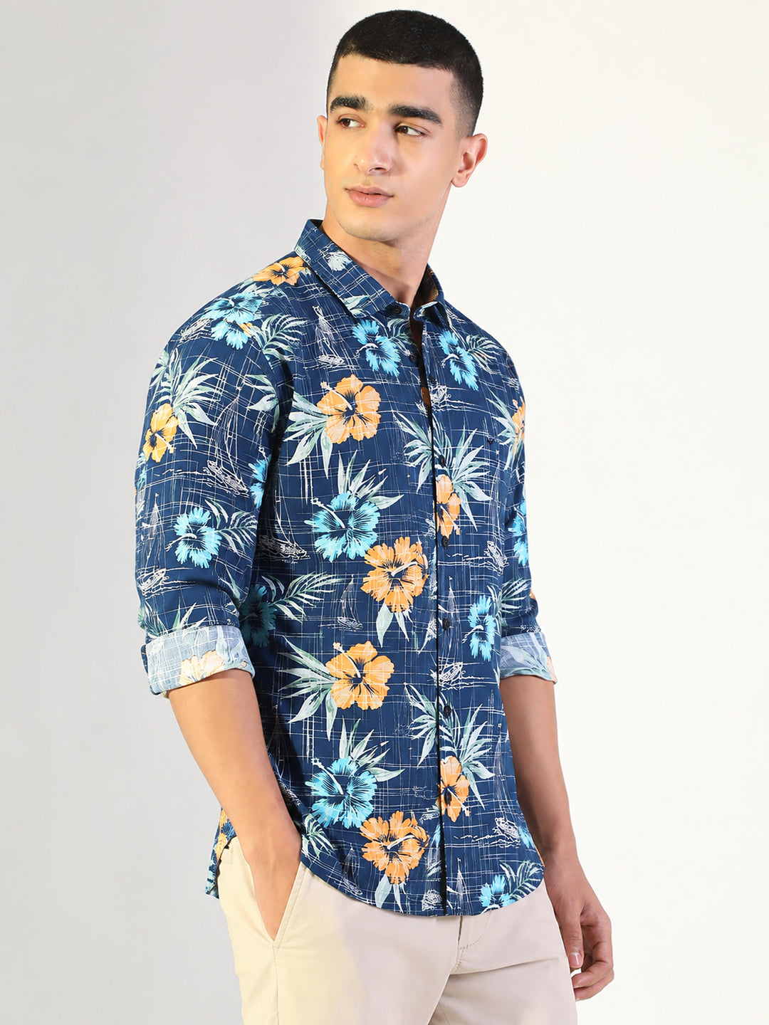 Men’s Tropical Printed Blue Slim Fit Long Sleeve Casual Shirt