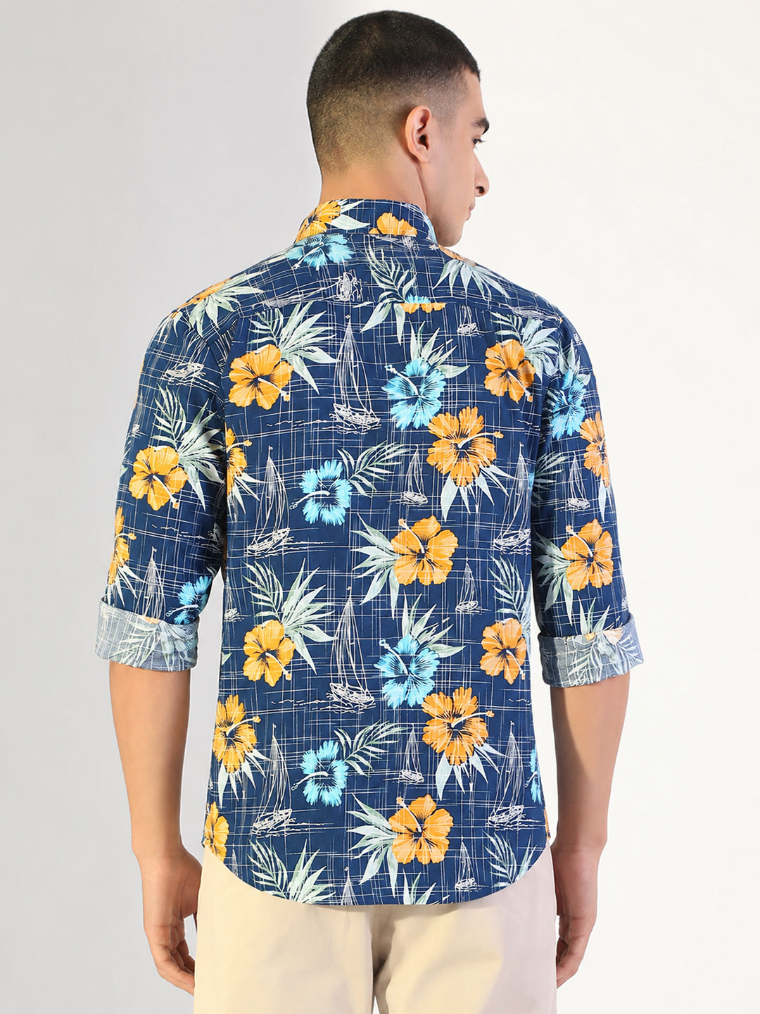 Men’s Tropical Printed Blue Slim Fit Long Sleeve Casual Shirt