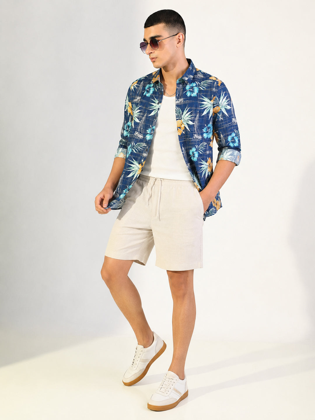 Men’s Tropical Printed Blue Slim Fit Long Sleeve Casual Shirt