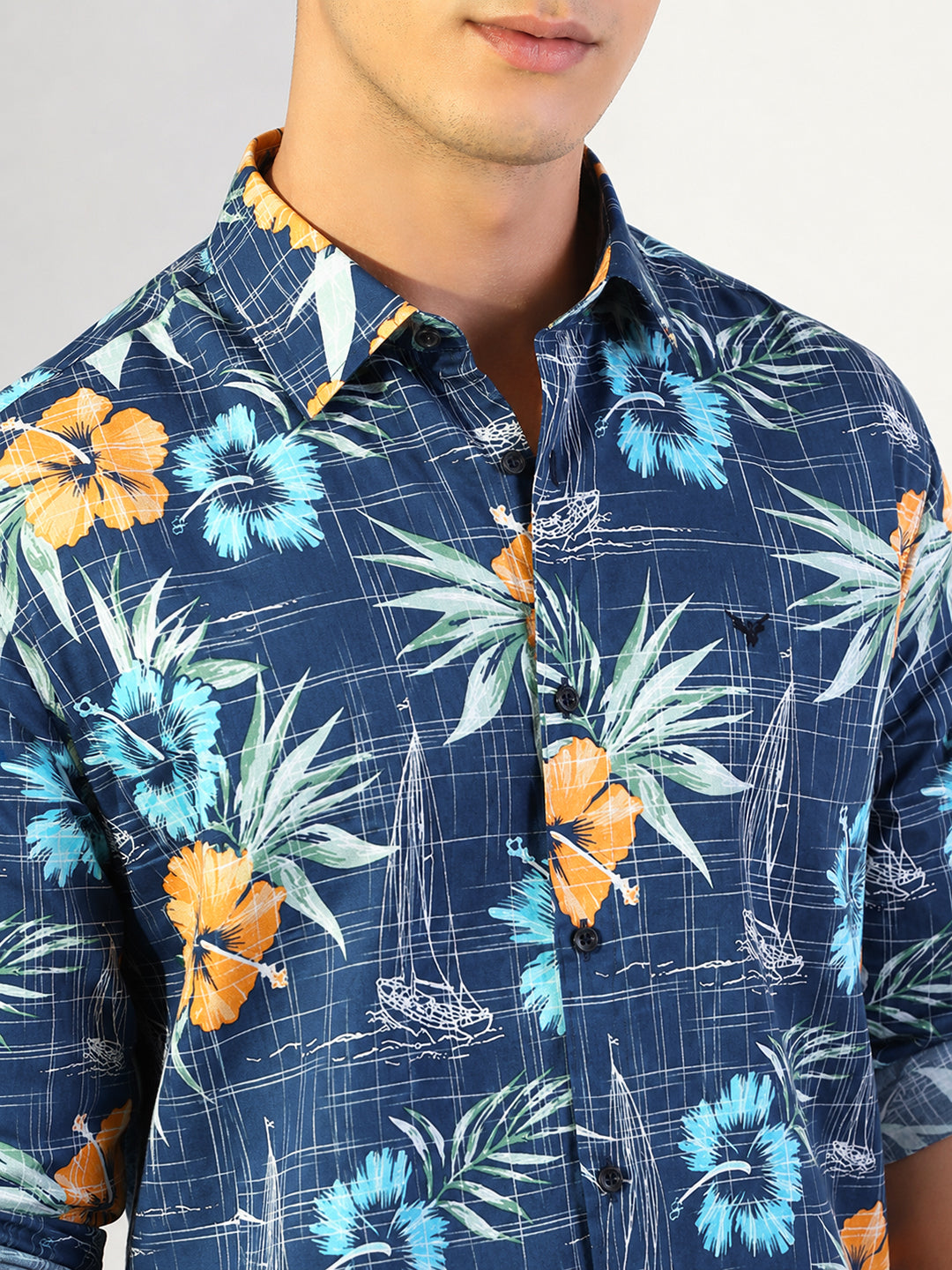 Men’s Tropical Printed Blue Slim Fit Long Sleeve Casual Shirt