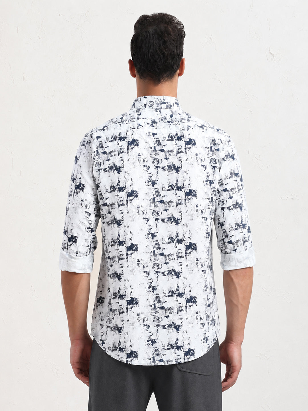Men’s Abstract Printed White Slim Fit Long Sleeve Casual Shirt