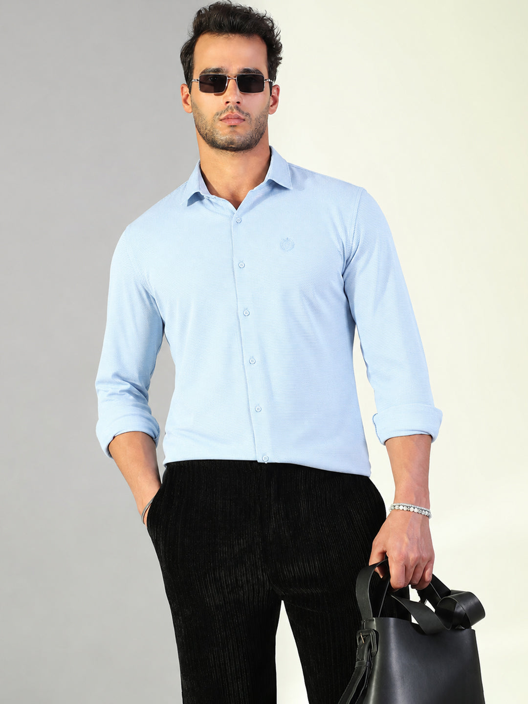 Men's Blue Micro Print Long Sleeves Slim Fit Shirt with Spread Collar