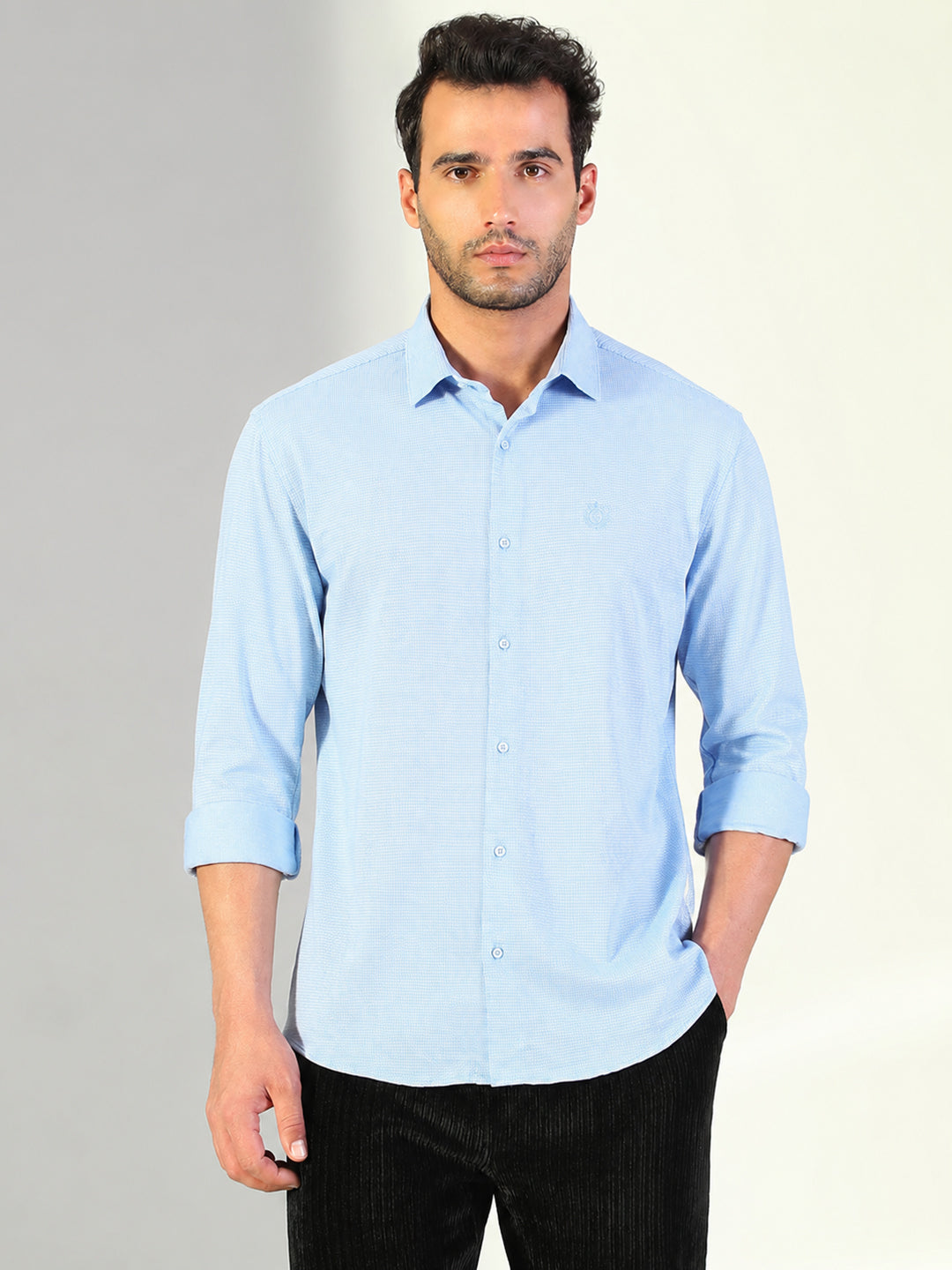 Men's Blue Micro Print Long Sleeves Slim Fit Shirt with Spread Collar