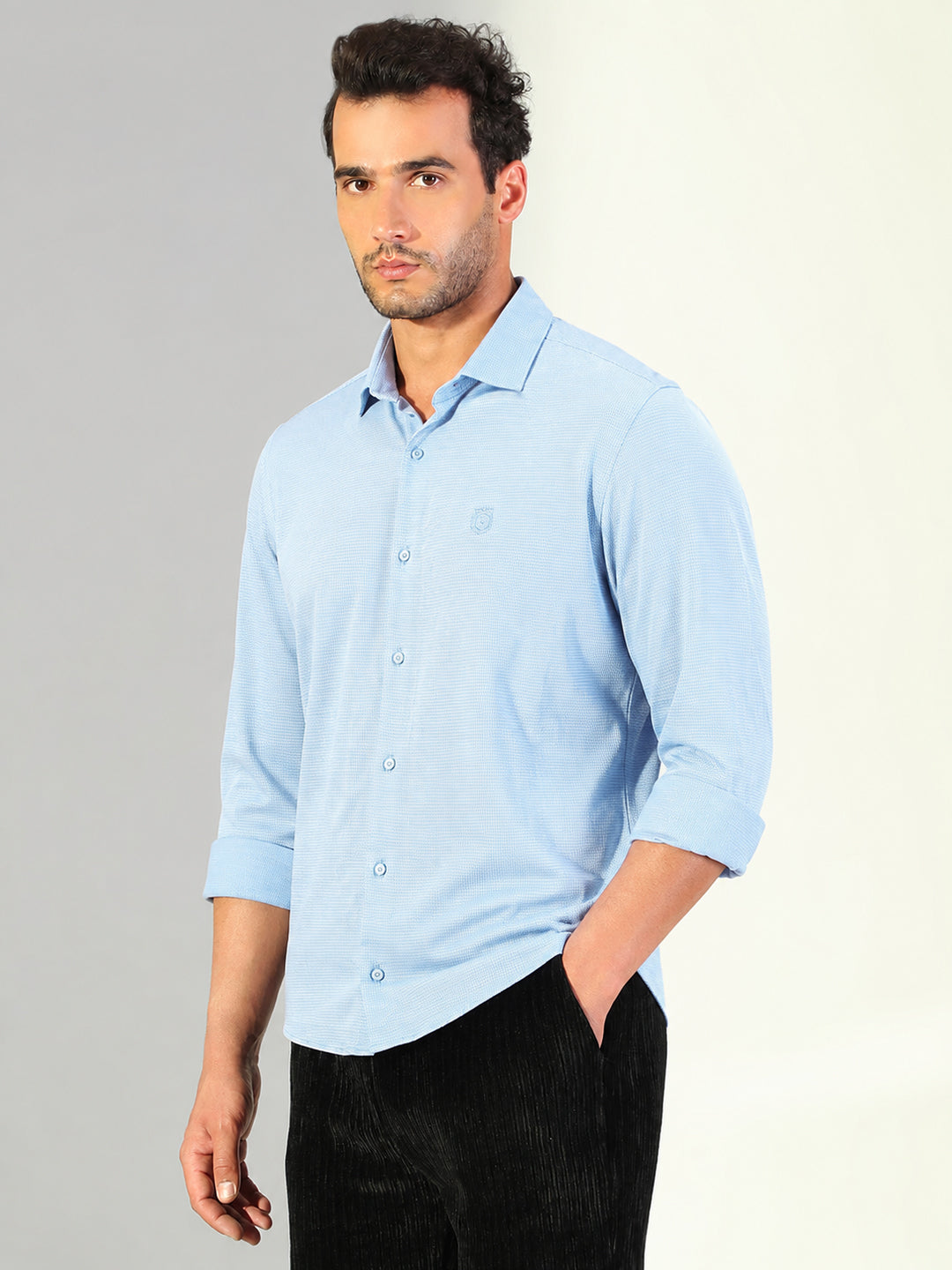 Men's Blue Micro Print Long Sleeves Slim Fit Shirt with Spread Collar