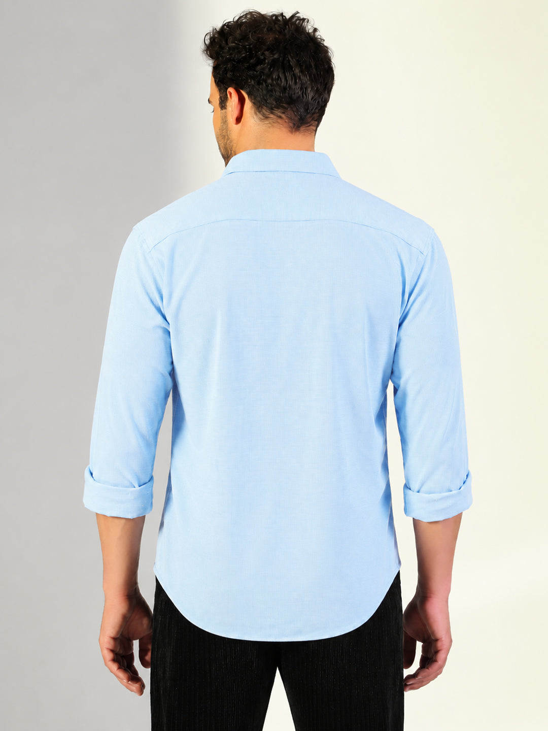 Men's Blue Micro Print Long Sleeves Slim Fit Shirt with Spread Collar