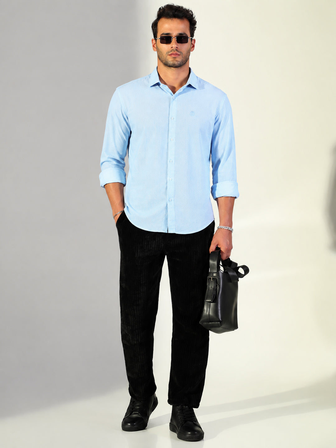 Men's Blue Micro Print Long Sleeves Slim Fit Shirt with Spread Collar