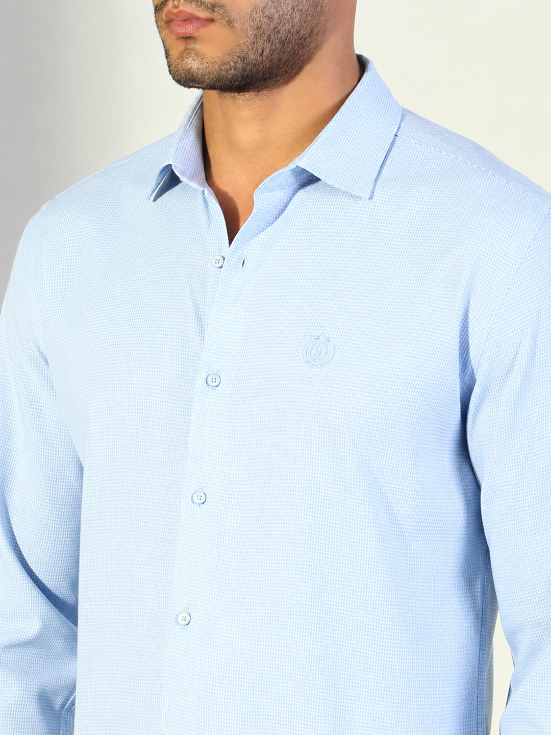 Men's Blue Micro Print Long Sleeves Slim Fit Shirt with Spread Collar