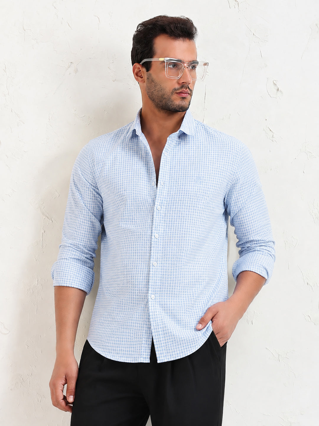 Men's Micro Checked Blue Slim Fit Long Sleeves Shirt with Spread Collar