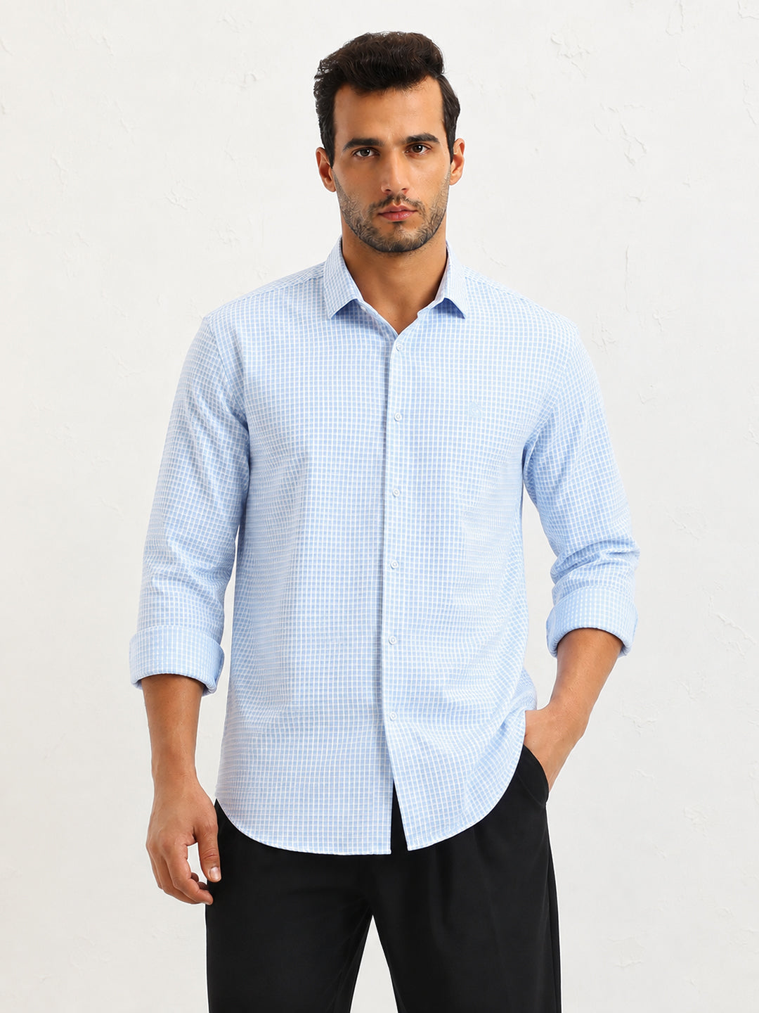Men's Micro Checked Blue Slim Fit Long Sleeves Shirt with Spread Collar