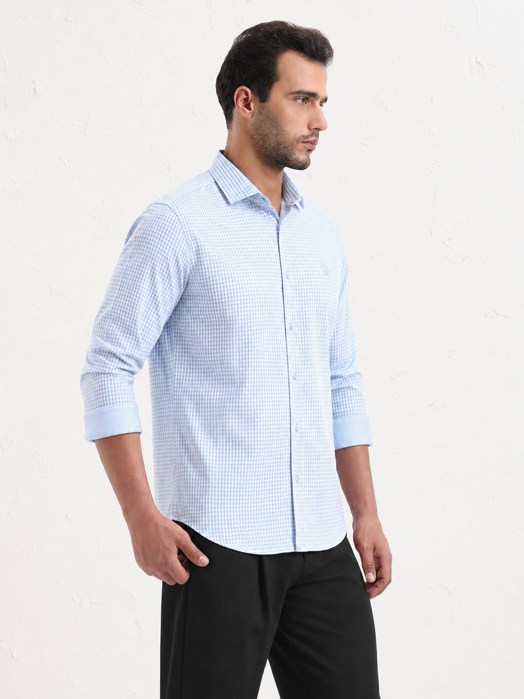 Men's Micro Checked Blue Slim Fit Long Sleeves Shirt with Spread Collar