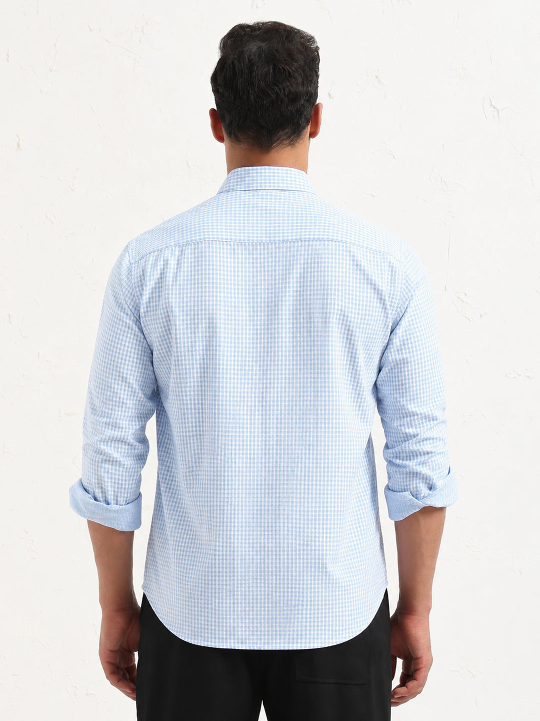 Men's Micro Checked Blue Slim Fit Long Sleeves Shirt with Spread Collar