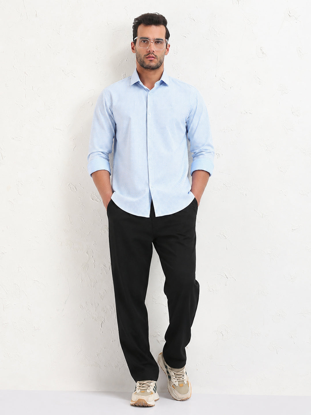 Men's Micro Checked Blue Slim Fit Long Sleeves Shirt with Spread Collar