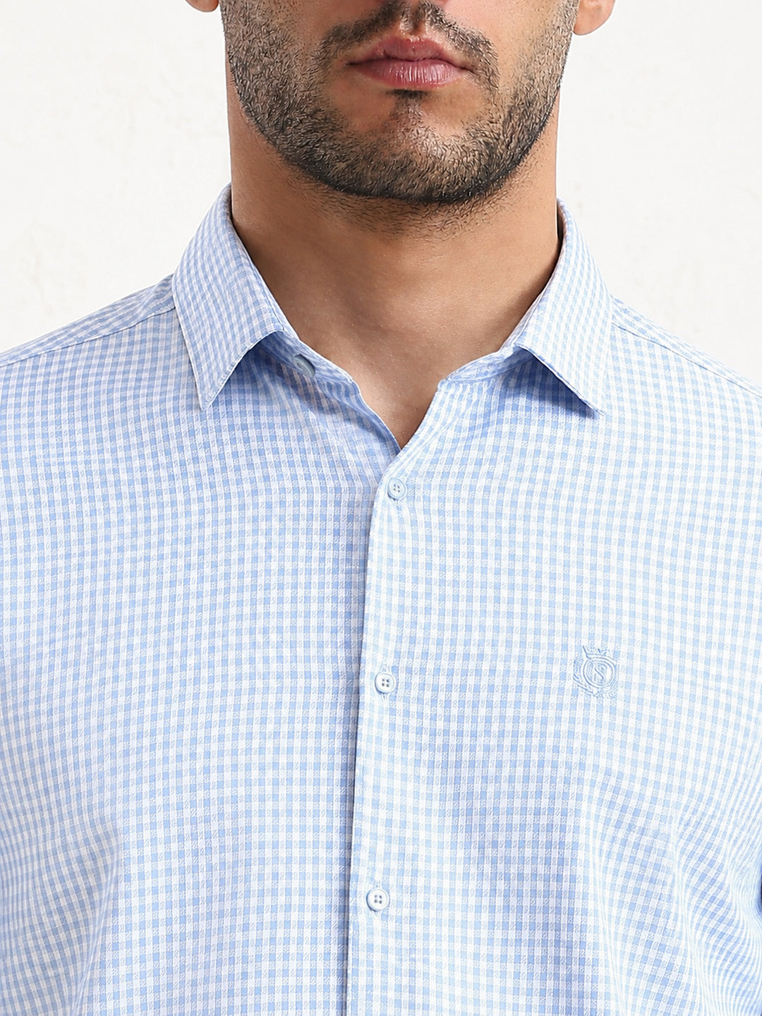 Men's Micro Checked Blue Slim Fit Long Sleeves Shirt with Spread Collar