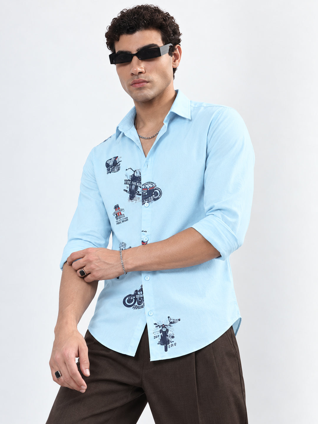 Men’s Graphic Printed Blue Slim Fit Long Sleeves Casual Shirt