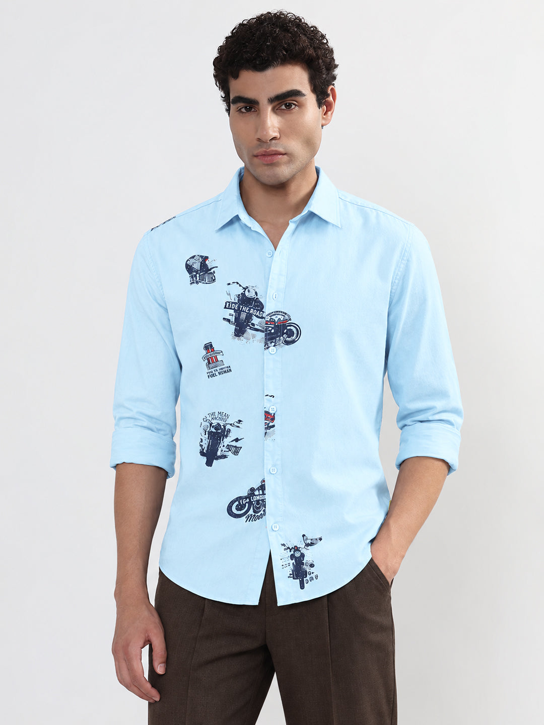 Men’s Graphic Printed Blue Slim Fit Long Sleeves Casual Shirt