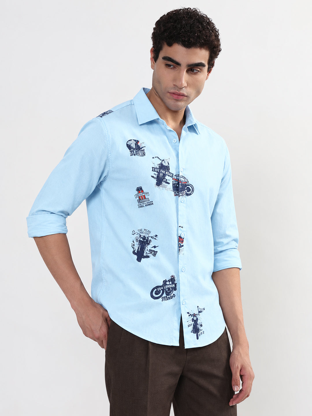 Men’s Graphic Printed Blue Slim Fit Long Sleeves Casual Shirt