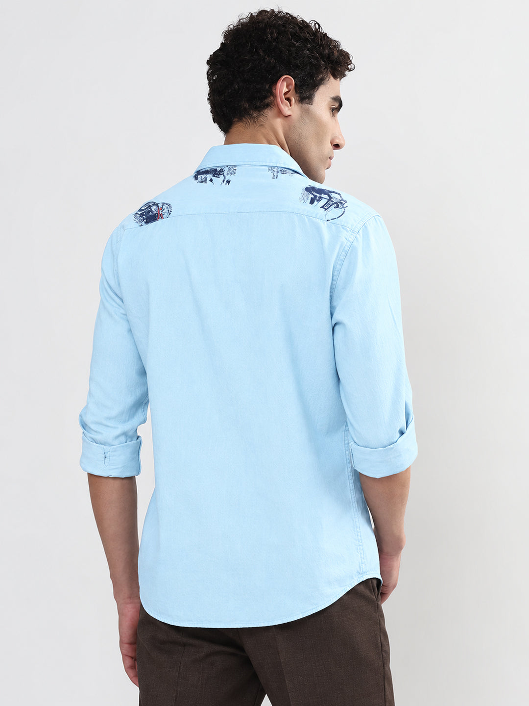 Men’s Graphic Printed Blue Slim Fit Long Sleeves Casual Shirt