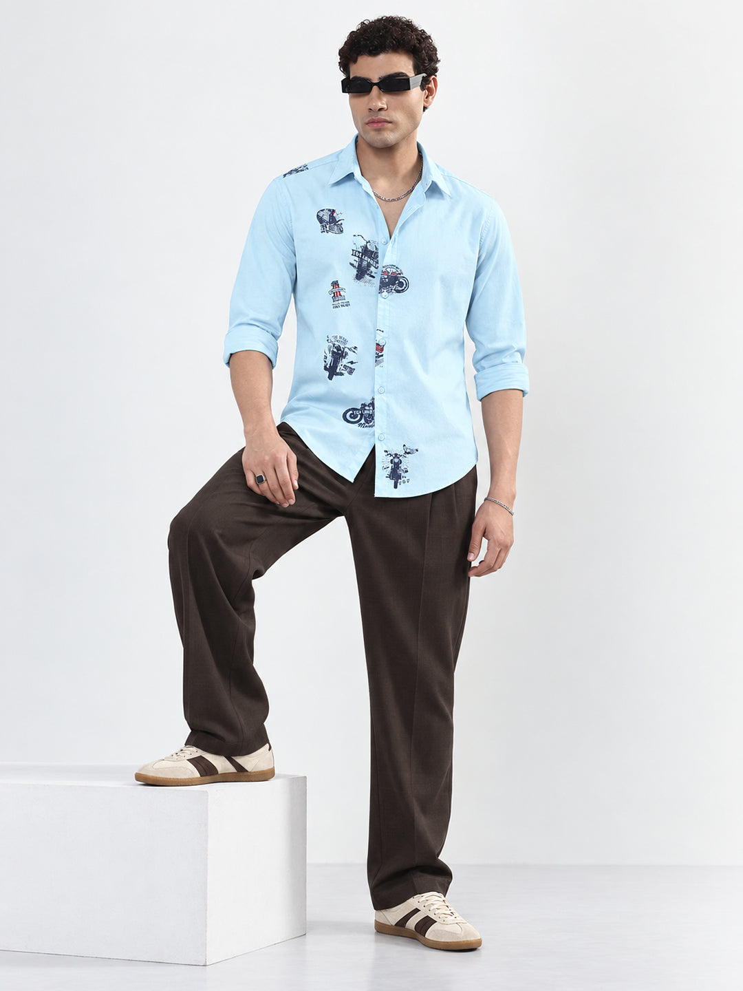 Men’s Graphic Printed Blue Slim Fit Long Sleeves Casual Shirt