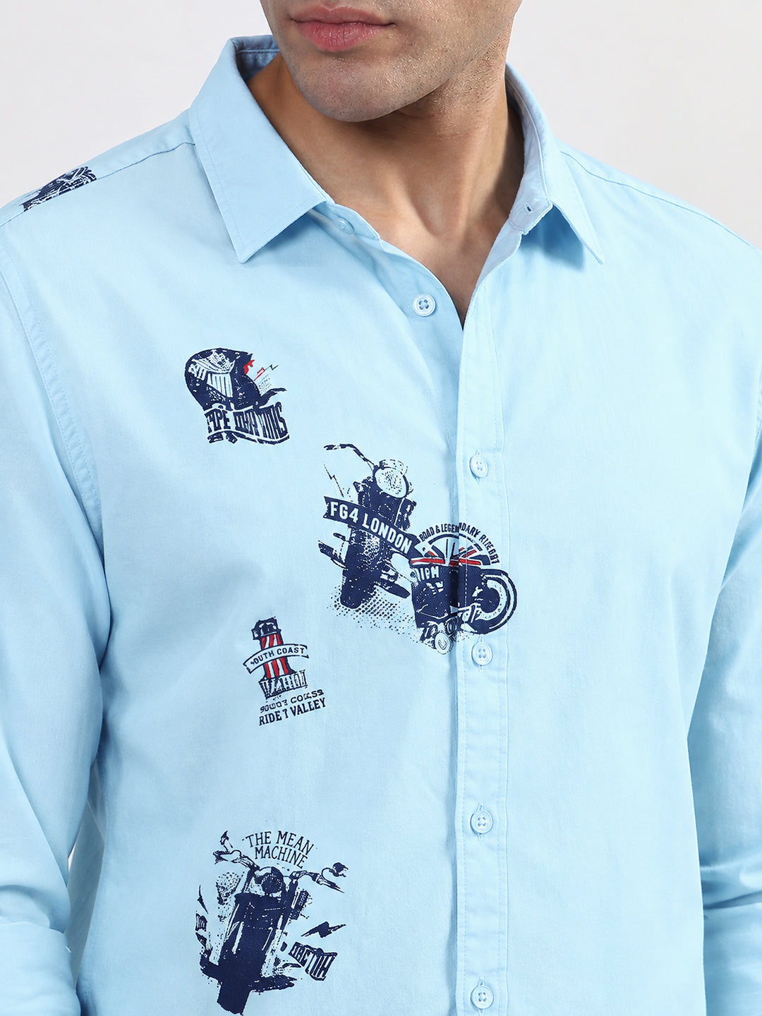 Men’s Graphic Printed Blue Slim Fit Long Sleeves Casual Shirt