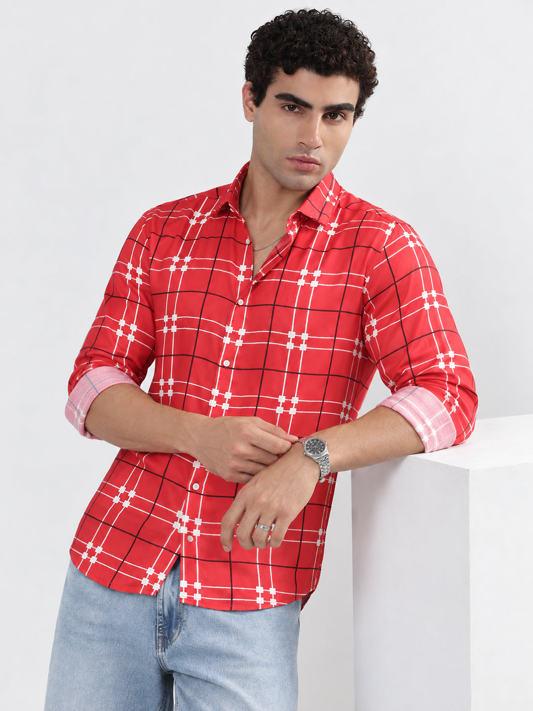 Men’s Windowpane Checked Red Slim Fit Long Sleeves Casual Shirt