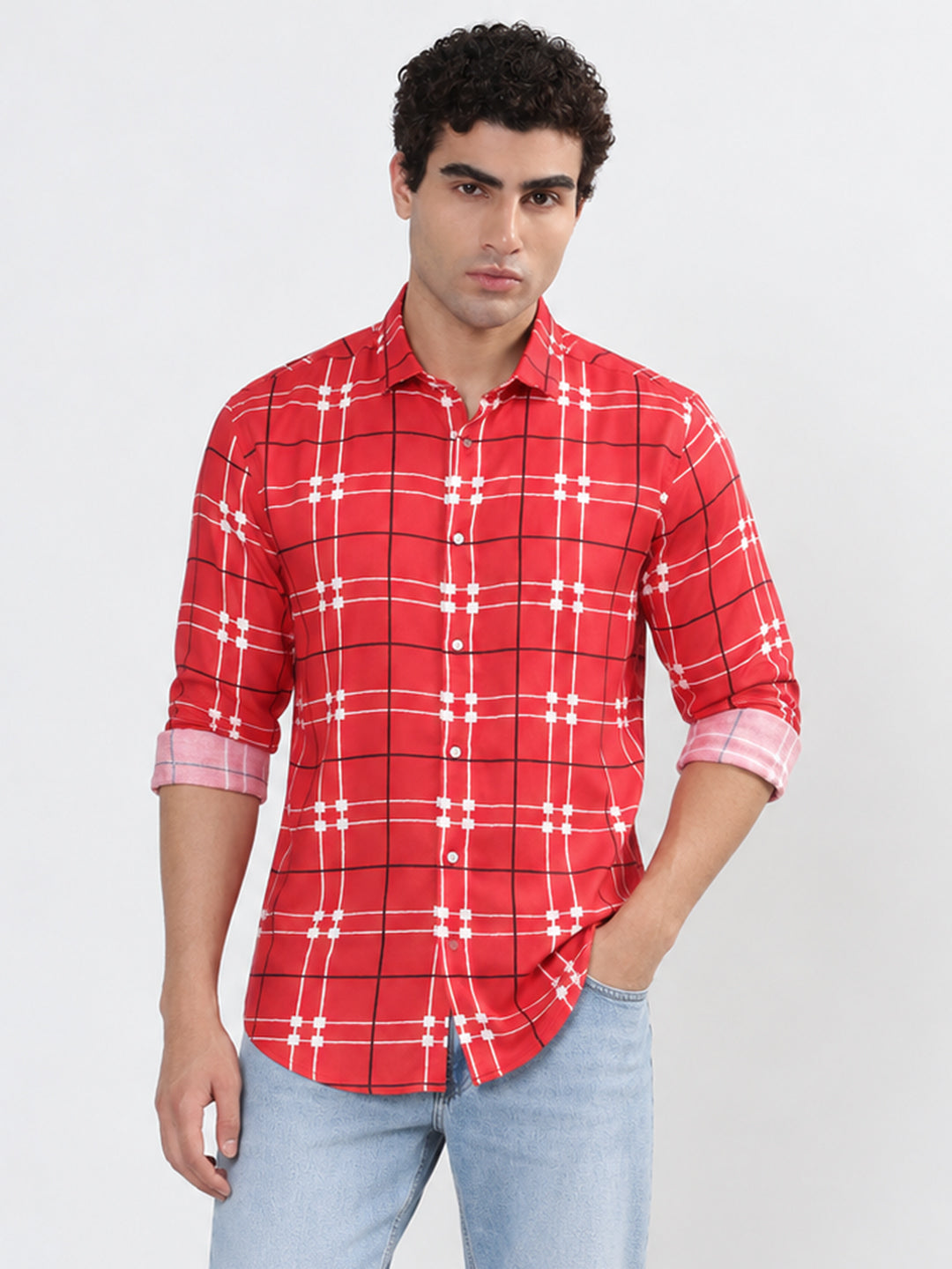 Men’s Windowpane Checked Red Slim Fit Long Sleeves Casual Shirt